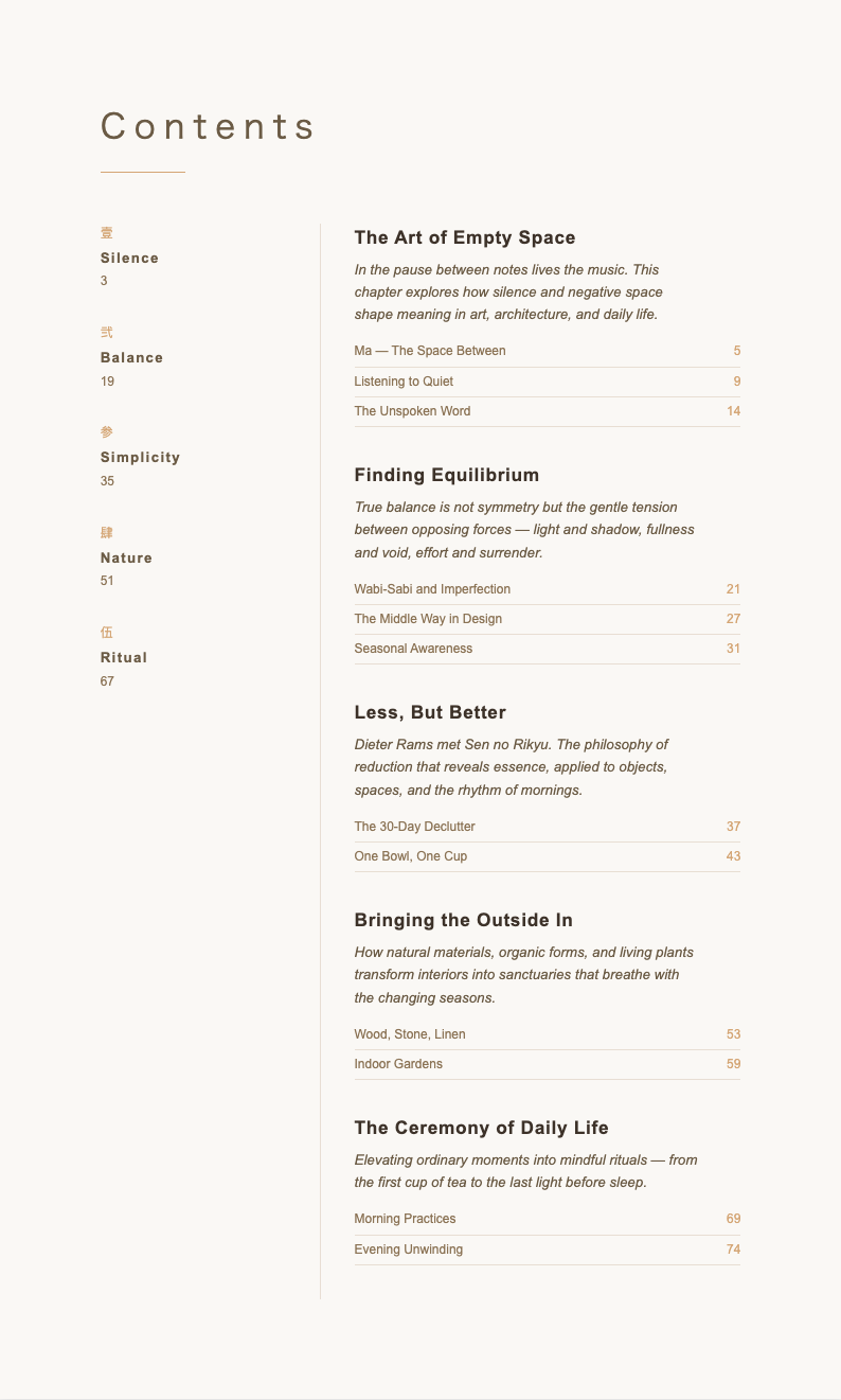 Japandi Minimalist Table Of Contents With Content